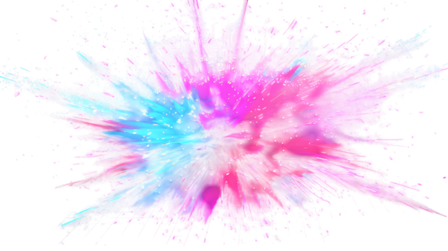 Vibrant explosion of pink and blue watercolor paint isolated on transparent background, creating a dynamic and eyecatching abstract design