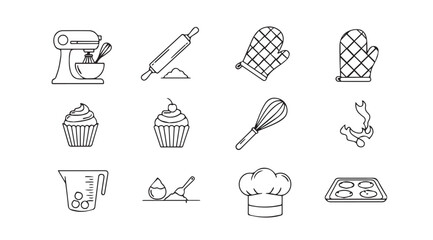 Collection of hand drawn baking utensils and pastry icons silhouette