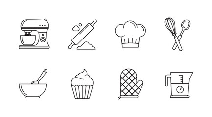 Collection of baking utensils and tools silhouette icons for culinary designs