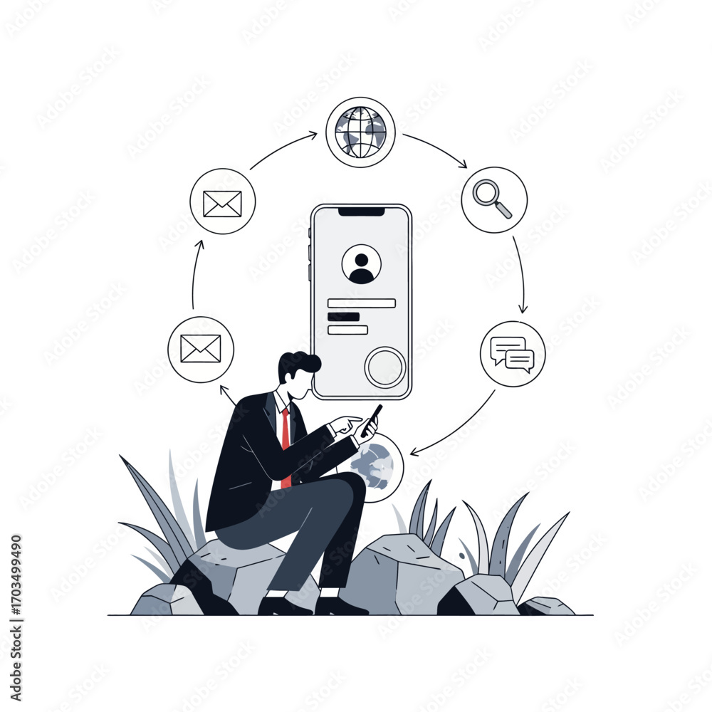Wall mural man using smartphone with network icons and business concept elements
