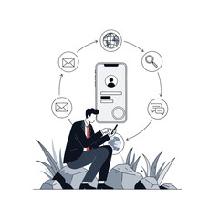 Man using smartphone with network icons and business concept elements