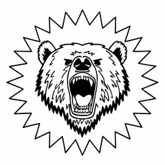 Minimilist illustration of an angry bear head with an open mouth surrounded by a jagged line in black and white vector