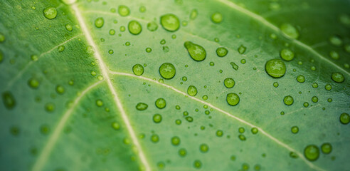 Beautiful macro of green leaf with rain drops, peaceful nature foliage and waterdrops. Garden closeup, natural wall art and abstract view, perfect lush and serene nature background. Abstract wall art