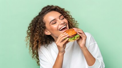 Cheerful young woman enjoying a delicious burger in a bright and lively setting