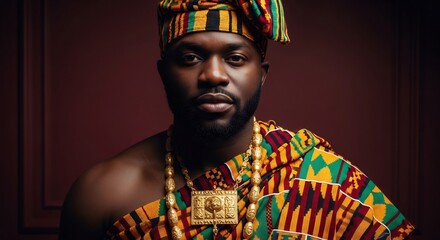 Portrait of a Black man in traditional Ghanaian attire. Perfect for Pan African events, cultural heritage promotions, and representing African identity and fashion.