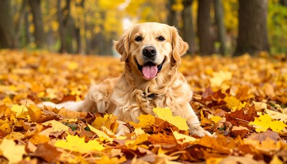 A beautiful golden retriever lays contentedly among a carpet of vibrant, autumn leaves in a natural woodland setting