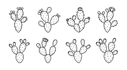Collection of eight hand drawn prickly pear cactus silhouettes in outline style © arif
