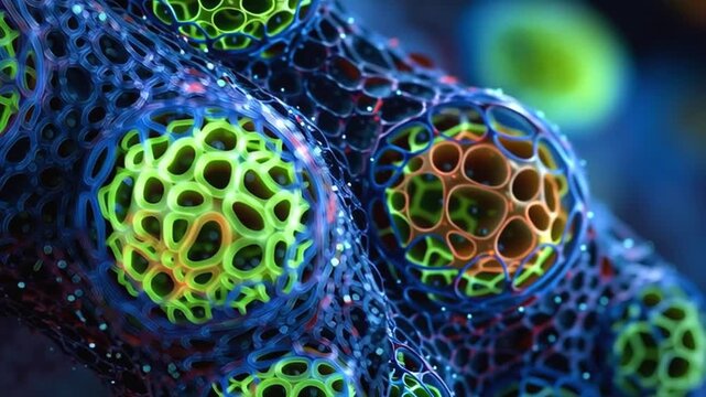 Microscopic view of organic alien cells growing and multiplying, forming complex structures with intricate patterns and textures, seamless loop