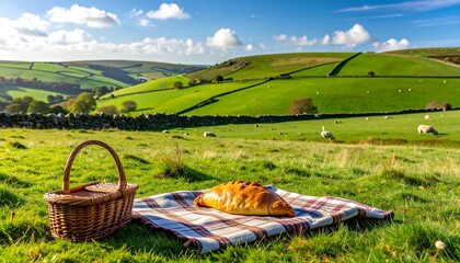 Inviting picnic setup in a sunny, vibrant green countryside with rolling hills and sheep.