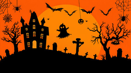 The illustration features a Halloween-themed scene with an orange background, black silhouettes, and a haunted house, showcasing a playful yet eerie atmosphere.