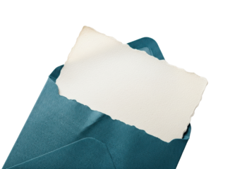 A deep teal linen envelope, partially crumpled, with rough, cream deckle-edged paper emerging askew on a transparent background, concept of cherished memories