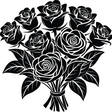 Elegant black and white rose bouquet silhouette with delicate floral details and artistic shading