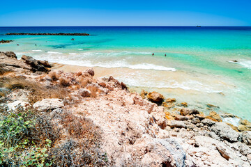 View turquoise waters Mediterranean Sea, Venus beach Paphos. The most beautiful landscapes on holiday island Cyprus.