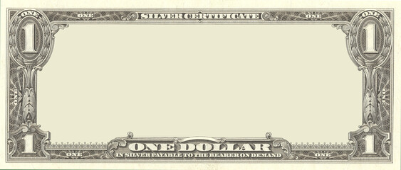 Financial illustration. Empty frame of banknote, denomination of 1 dollar US 1957, silver certificate. Obverse of note. Sample bill. American vintage paper money. One. Template