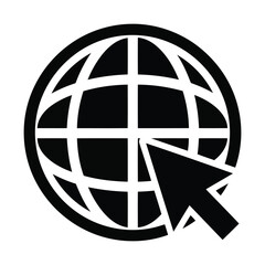 Black icon of a globe with a cursor arrow pointing to it on white background 