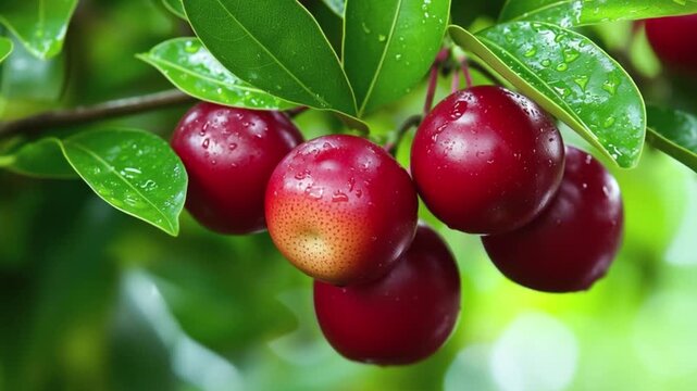 Fresh red cherries on tree branch with green leaves after rain, ripe fruit close up in natural orchard background, organic farming harvest concept, healthy nutrition and summer agriculture produce