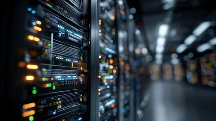 Data Fortress: Explore the heart of modern data storage in this impressive shot, showcasing a server room bathed in ambient lighting. Reflecting technological power and seamless data management.