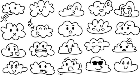 Cute Cloud Emoji Icon Set – Kawaii Doodle Cartoon Hand Drawn Outline with Happy, Angry, Sad, Love, Crying, Cool, Confused, Funny Expression Faces for Sticker, Emoticon, Weather, Social Media