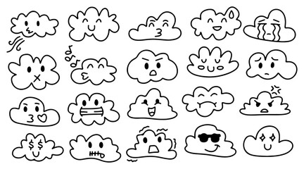 Cute Cloud Emoji Icon Set – Kawaii Doodle Cartoon Hand Drawn Outline with Happy, Angry, Sad, Love, Crying, Cool, Confused, Funny Expression Faces for Sticker, Emoticon, Weather, Social Media