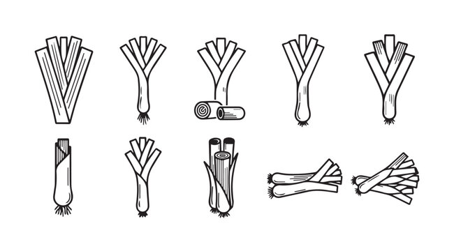 Collection of leek vegetable illustrations in a distinctive silhouette style