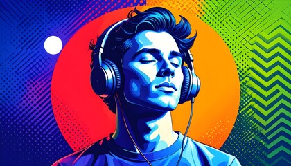 Vibrant pop art illustration of a man enjoying music on headphones.