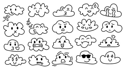 Cute Cloud Emoji Icon Set – Kawaii Doodle Cartoon Hand Drawn Outline with Happy, Angry, Sad, Love, Crying, Cool, Confused, Funny Expression Faces for Sticker, Emoticon, Weather, Social Media