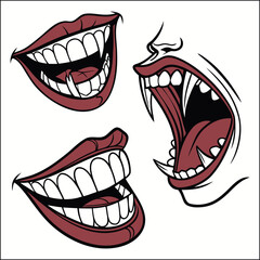 Halloween seamless pattern with vampire open mouth, lips, teeth, fangs, tongue, blood. Hand drawn mystery cartoon background for holiday decoration, print, poster, banner, wrapping paper
