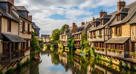 Naklejka premium Historic half timbered houses reflecting in the calm river water of a charming European town.
