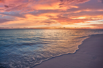 Picturesque closeup sea sand sky sunset. Majestic beach nature landscape, sunrise colors, relaxing peaceful calm serene beachfront. Tropical summer vacation scene. Best wallpaper, inspire meditation