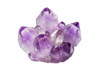 Translucent amethyst crystal cluster with vibrant purple facets and quartz inclusions on a transparent studio background with copy space, concept of natural beauty and spiritual purity