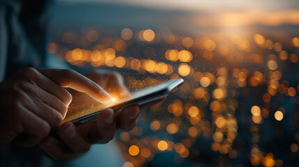City Lights and Mobile Connection: The image captures a person's hand interacting with a mobile device, with a vibrant cityscape shimmering in the background.