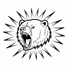 Minimilist illustration of a roaring bear head with sharp teeth and a surrounding burst of energy lines in black and white vector