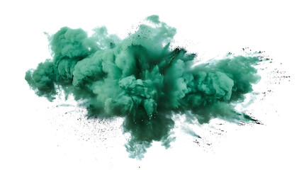 A dynamic explosion of teal powder paint creates a captivating cloud isolated on transparent background, perfect for adding a touch of artistry