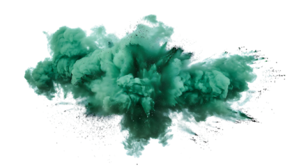 A dynamic explosion of teal powder paint creates a captivating cloud isolated on transparent background, perfect for adding a touch of artistry
