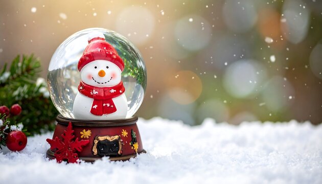 Snow globe with snowman. Soft bokeh, winter scene, pine needles, red berries, artificial snow, bright light