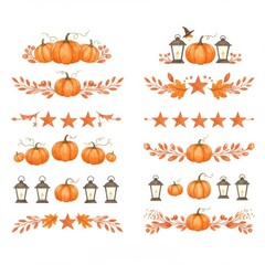 Autumn harvest decorative elements with pumpkins, lanterns, and leaves isolated on white background