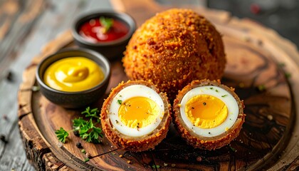 Crispy Scotch eggs with sauces on a rustic wooden board.
