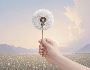A hand holds a dandelion seed head against a serene mountain landscape