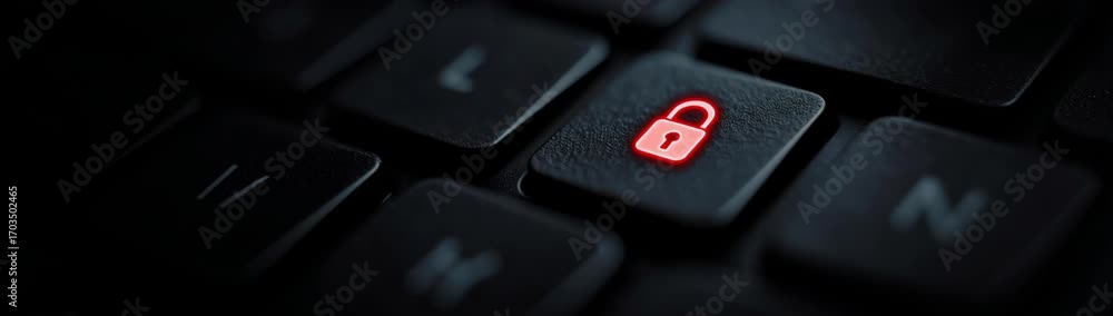 Poster a computer keyboard with a single key illuminated by a glowing red padlock icon.