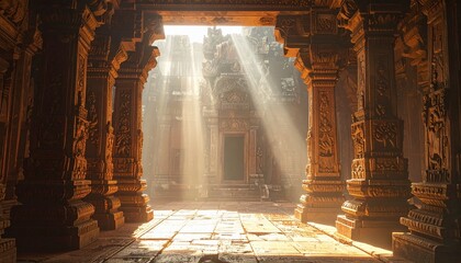 Ancient Temple's Golden Hour: Sunbeams Illuminate Intricate Carvings