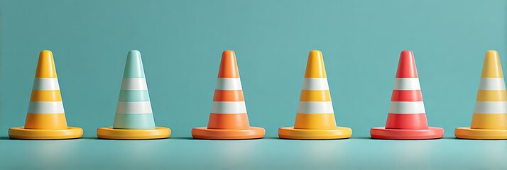 Colorful Traffic Cones Arranged in a Row on a Teal Background for Creative Visual Impact and Design