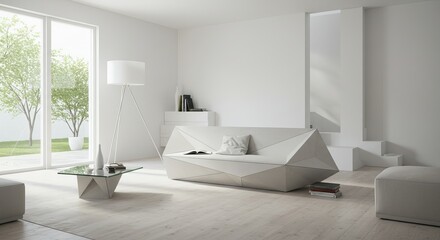 Contemporary geometric furniture piece in bright, airy room, clean lines, minimalist interior design, natural lighting, modern home concept, commercial furniture photography, architectural elements