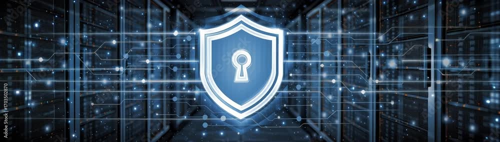Poster shield with a keyhole icon representing data protection in a server room environment.