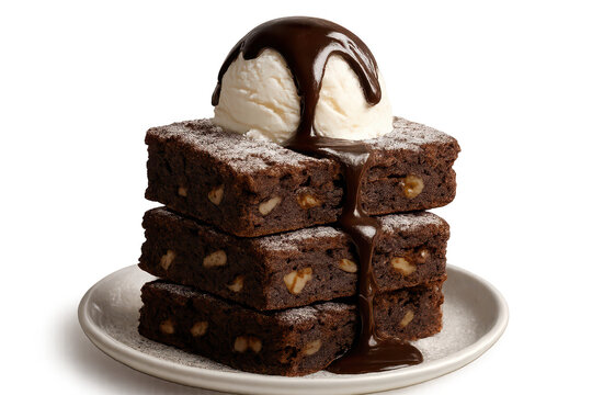 Delicious chocolate brownies stack isolated on a transparent background, topped with ice cream