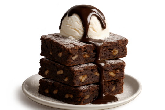 Delicious chocolate brownies stack isolated on a transparent background, topped with ice cream