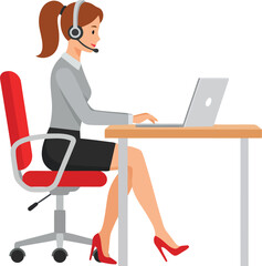 Woman working at computer on office desk with headset dynamic poses vector