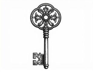 Obraz premium Detailed Black and White Illustration of an Antique Ornate Key with Intricate Design