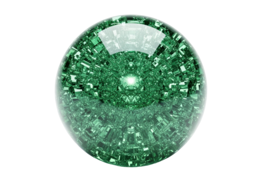 Perfectly spherical emerald crystalline object with intricate fractal patterns, transparent seamless background, copy space, soft diffused studio lighting, subtle internal glow, concept of cosmic