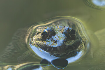 Extreme close-up of a frog's head emerging from the water. The surface tension creates a surreal liquid frame