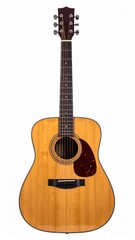 Obraz premium Acoustic Guitar Full Shot with Wooden Body Dark Fretboard and Tortoise Shell Pickguard in White Background